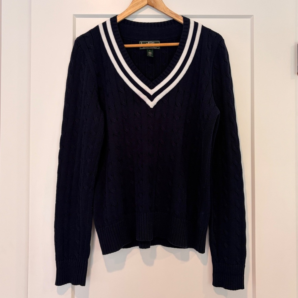 Lauren Ralph Lauren Cable Knit Cricket V-Neck Sweater L Navy Tennis Old Money